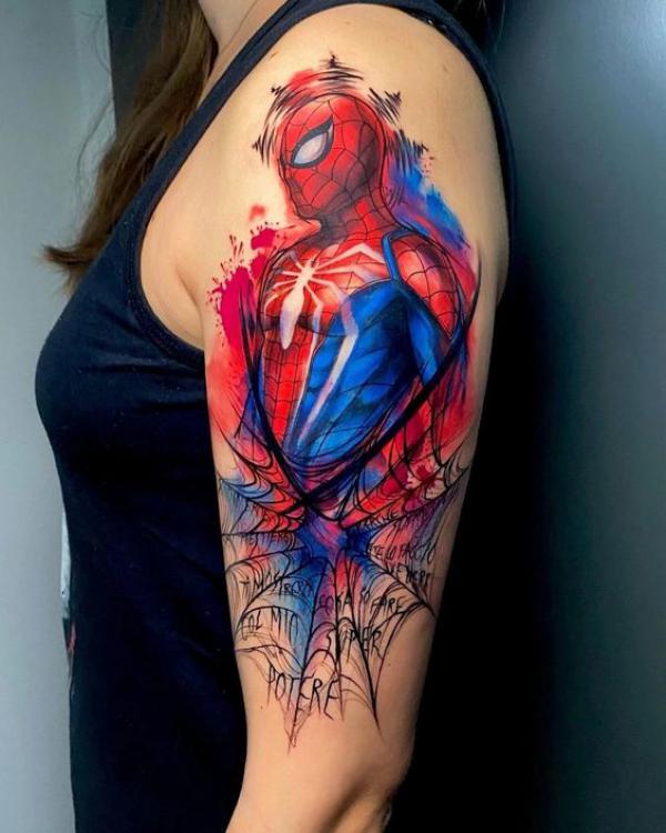 Watercolor Spiderman and spider tattoo