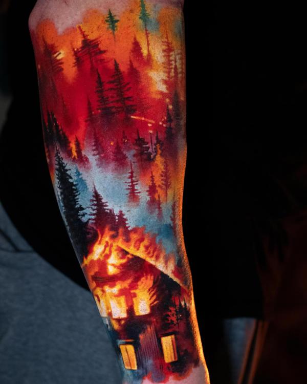 Watercolor forest fire tattoo sleeve