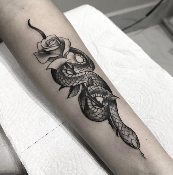 black and white rose with snake tattoo