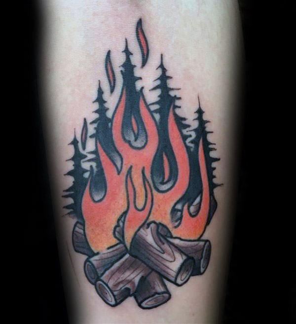 campfire and forest tattoo