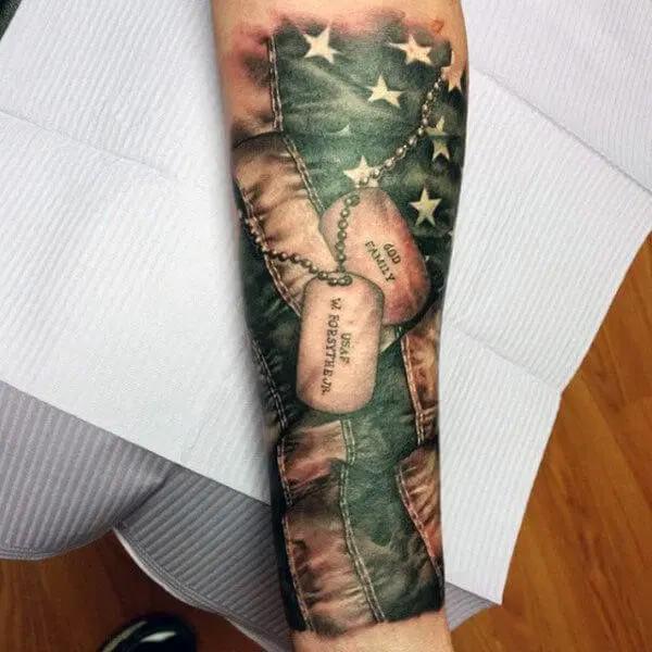 dog tag American flag tattoo forearm