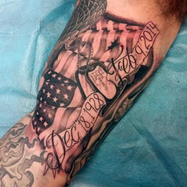 dog tag and American flag with dates tattoo
