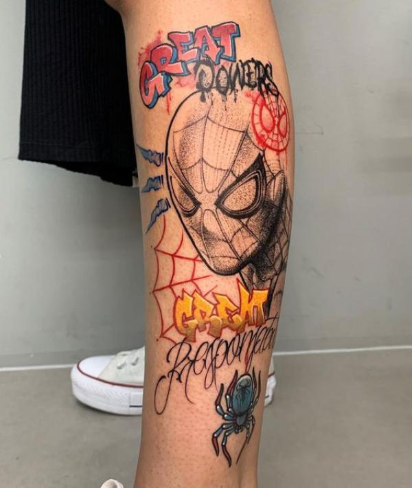 great power spiderman tattoo forearm