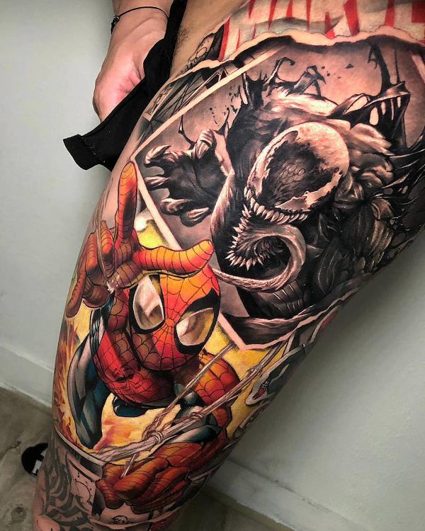 spider man and venom tattoo side thigh