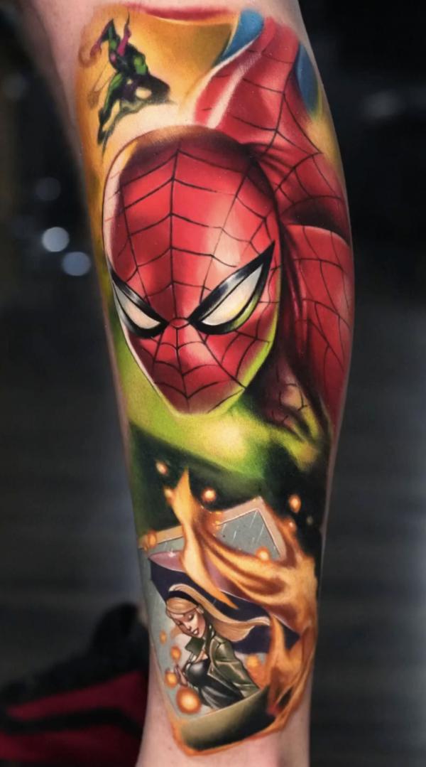 spider man watching a girl in flame tattoo