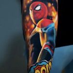 spider man with the word boom tattoo