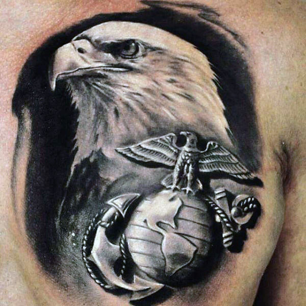 Bald Eagle Anchor Globe Chest Tattoo