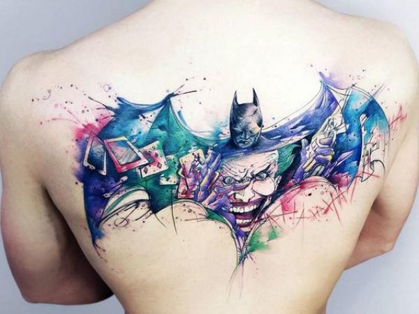 Bat with Batman and joker tattoo back
