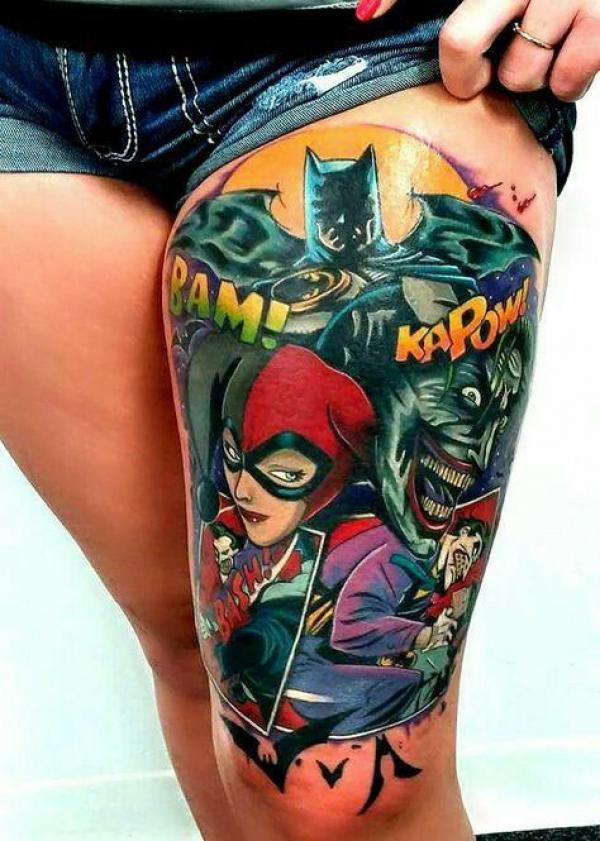 Batman Harley Quinn and Joker tattoo thigh
