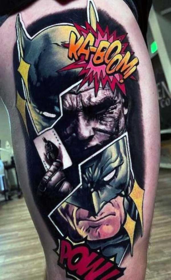 Batman and joker with card tattoo side thigh