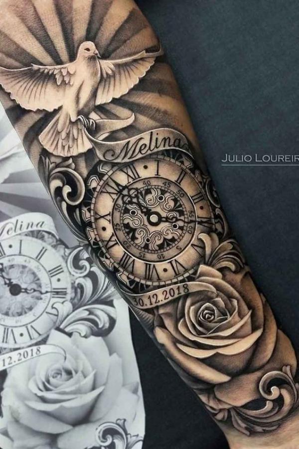 Black and grey rose and clock with dove and name and date tattoo