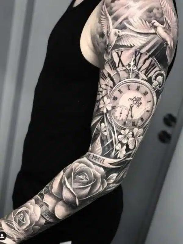 Black and grey rose and pocket watch with dove tattoo sleeve