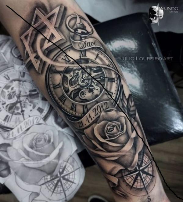 Black and grey rose and pocket watch with name date and compass tattoo