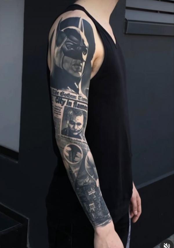 Black and white Batman and Joker full sleeve tattoo