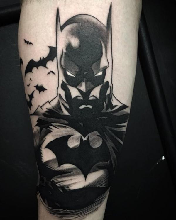 Black ink Batman with bat tattoo forearm