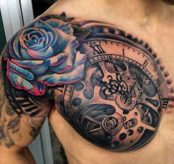 Blue rose and clock mechanic tattoo chest