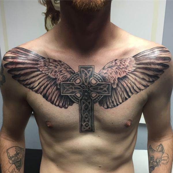 Celtic cross with Angel wings chest tattoo