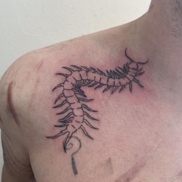 Centipede line work tattoo shoulder