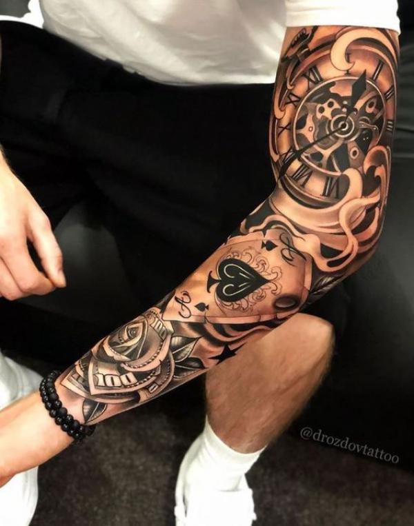 Clock ace of spades and money rose tattoo sleeve