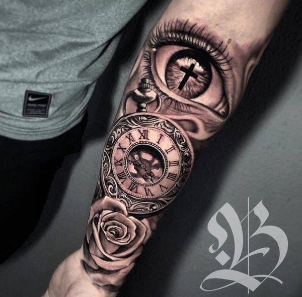 Clock and rose and realistic eye with cross tattoo