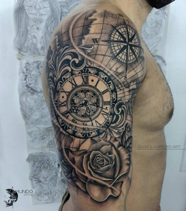 Clock and rose with compass and map tattoo