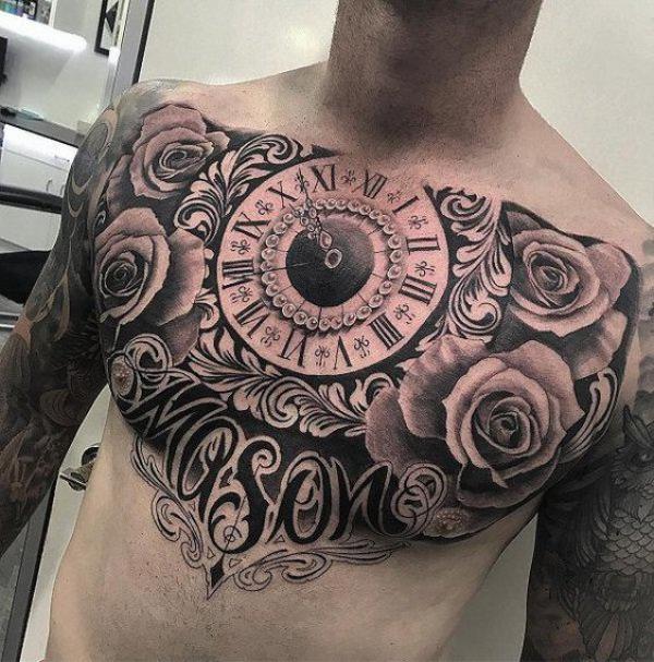 Clock and roses Japanese tattoo black and grey