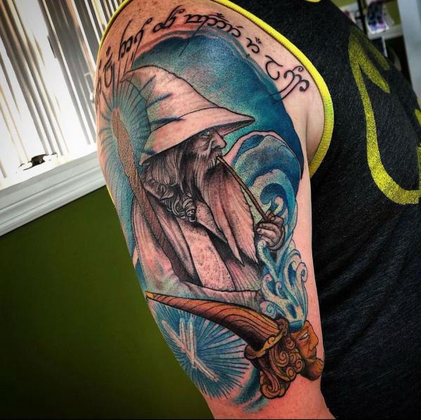 Colored Gandalf lotr half sleeve tattoo