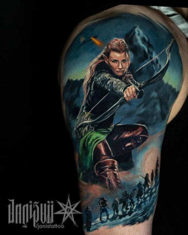 Colored Legolas shooting arrow tattoo