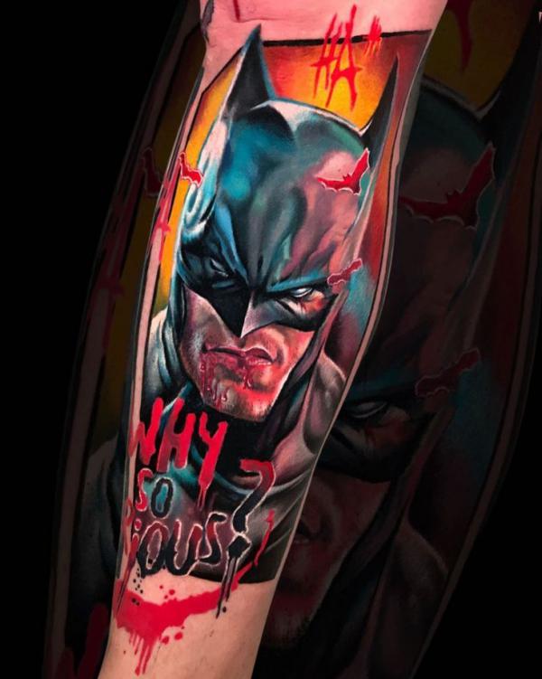 Colored batman tattoo forearm