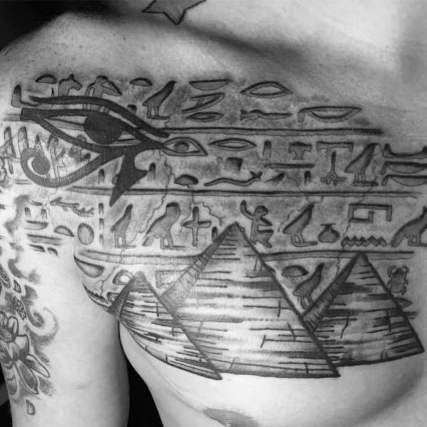 Egyptian Pyramids with hieroglyphics and Eye of Ra 3d chest tattoo