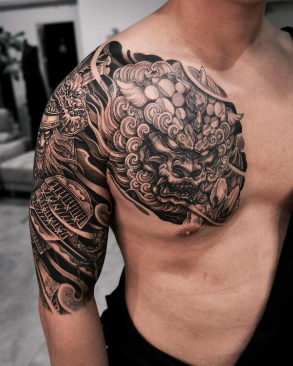 Foodog samurai chest panel tattoo