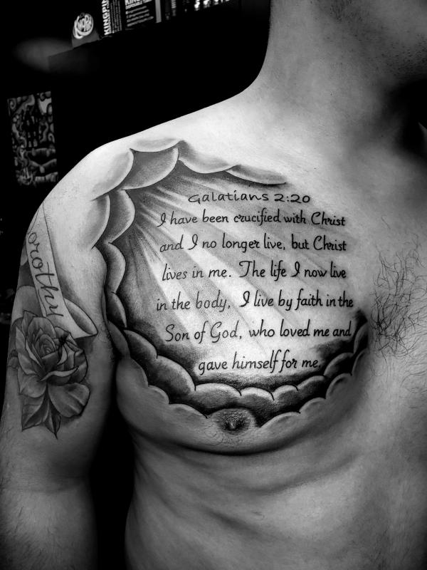 Galatians 2 20 Bible verse chest tattoo for men