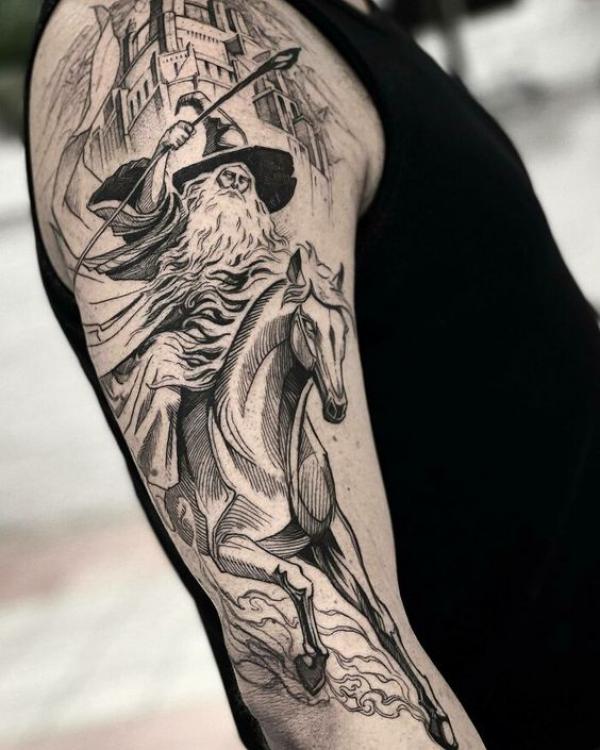Gandalf on horse tattoo half sleeve