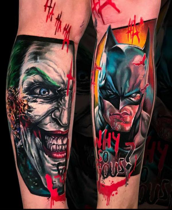 Hahaha batman and joker tattoos on calfs