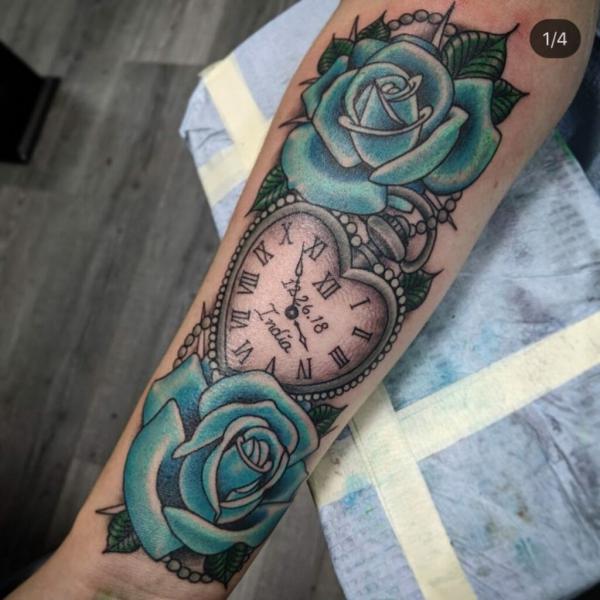 Heart Pocket watch with blue rose tattoo