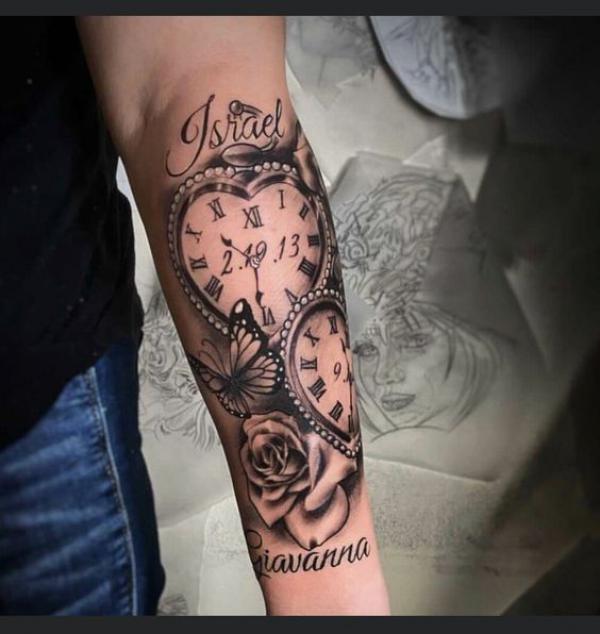 Heart clock and rose with butterfly tattoo forearm