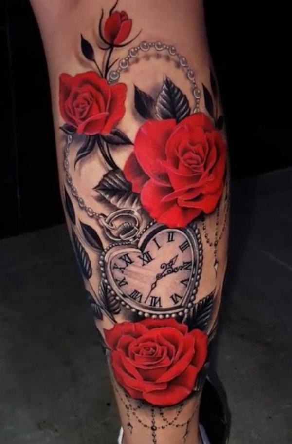 Heart pocket watch and roses tattoo arm