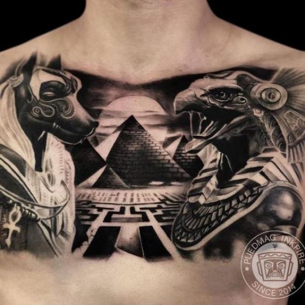 Horus and Anubis chest tattoo with Pyramids