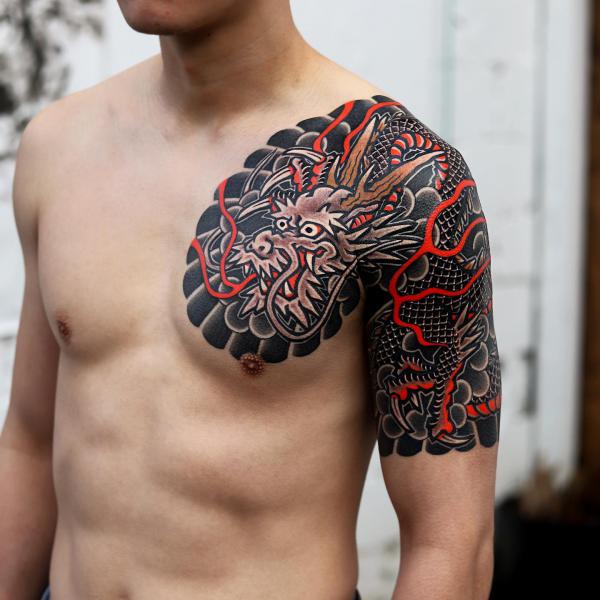 Japanese dragon chest panel tattoo
