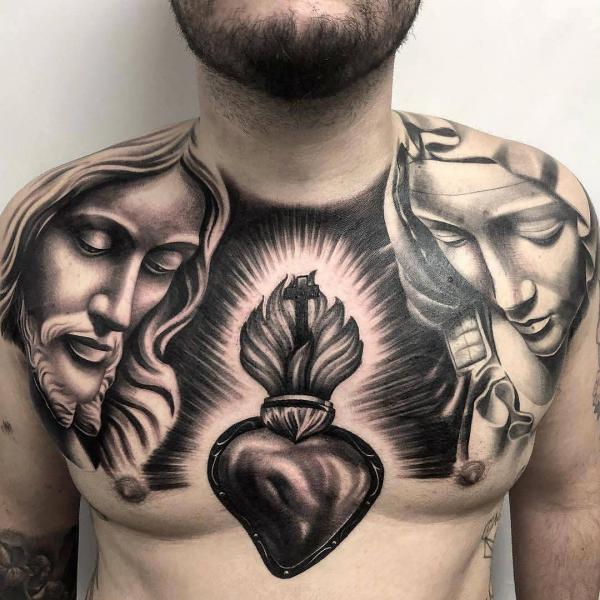 Jesus Michelangelo Virgin Mary sacred heart chest tattoo