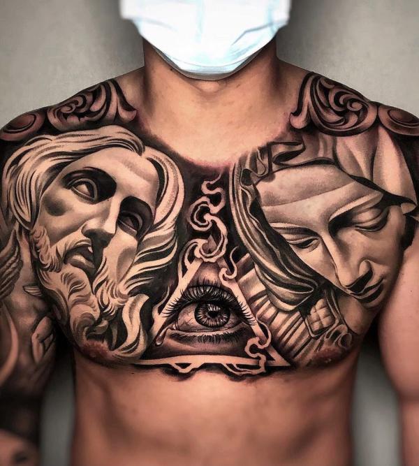 Jesus and Virgin Mary with All seeing eye chest tattoo for men
