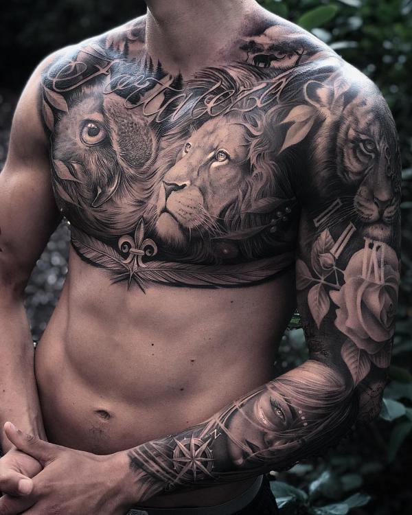 Lion and rabbit chest tattoo for men