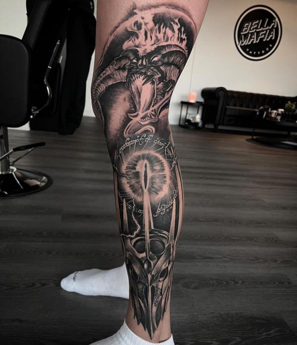 Lord of the rings leg sleeve tattoo
