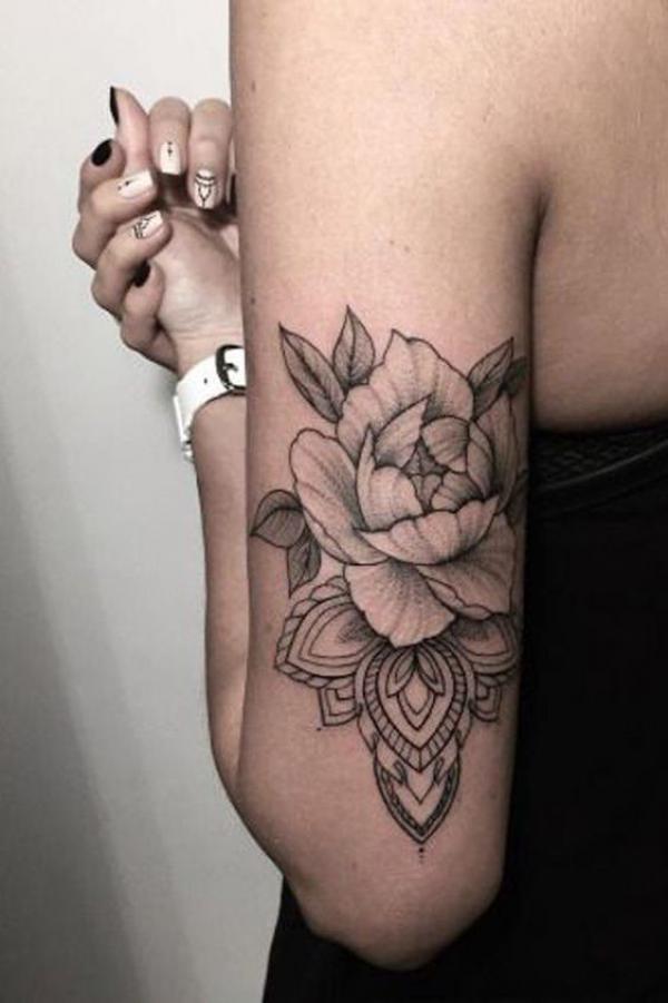 Mandala peony tricep tattoo