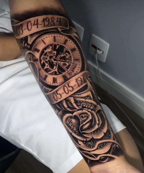 Money rose and clock with dates tattoo