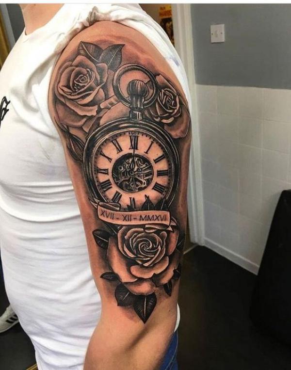 Pocket watch and roses with Roman numerals tattoo half sleeve