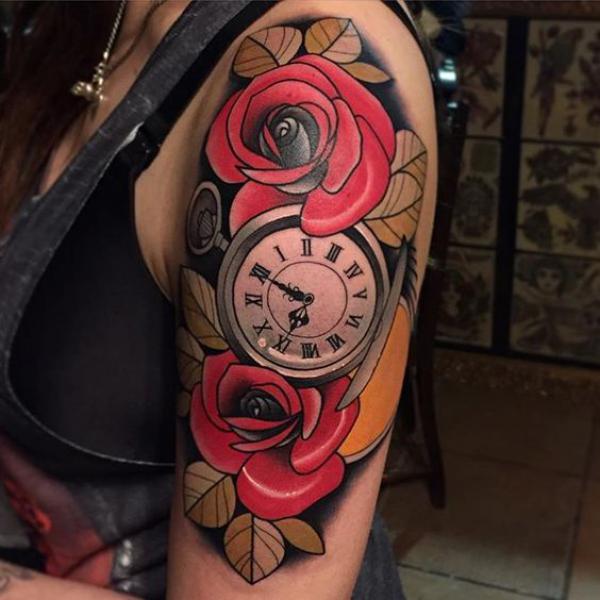Pocket watch and traditional rose tattoo half sleeve