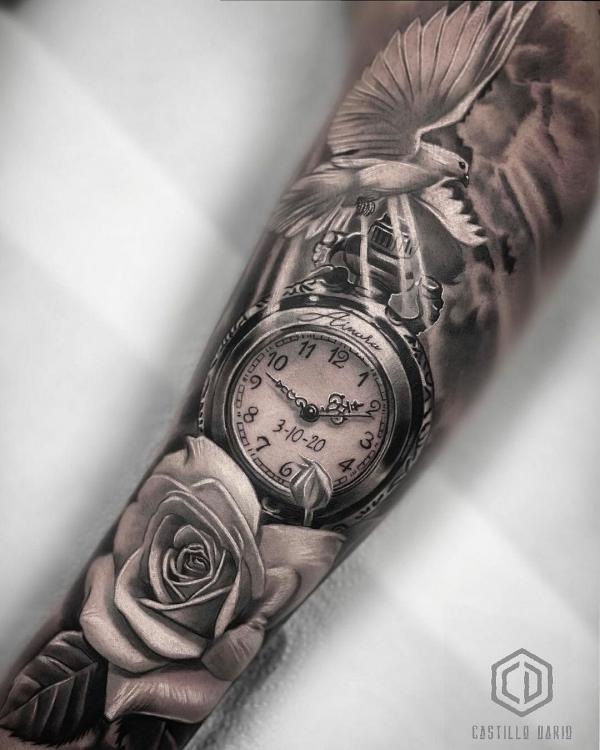 Realistic Pocket watch and rose flower with dove tattoo