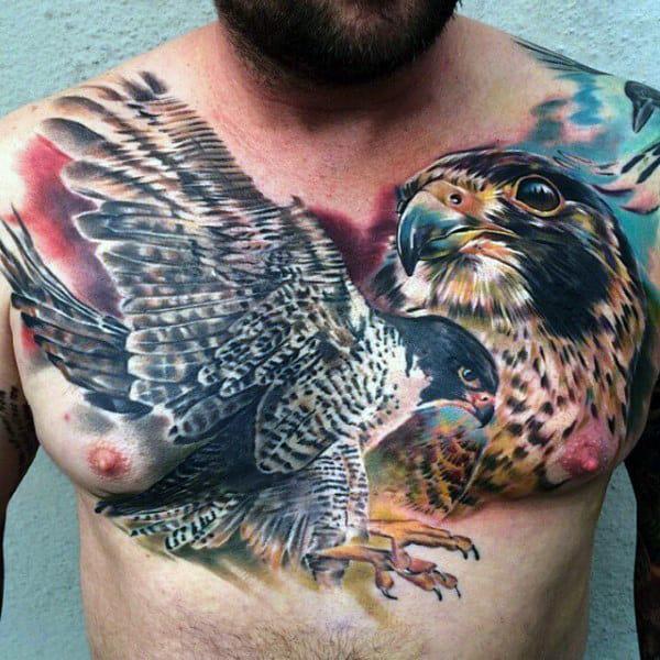 Realistic falcon couple chest tattoo