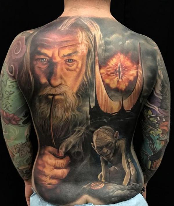 Realistic lord of the rings tattoo back